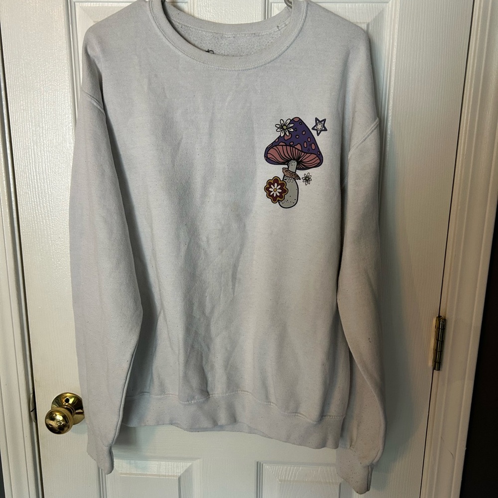 White Crewneck Sweatshirt with Purple Mushroom Graphic